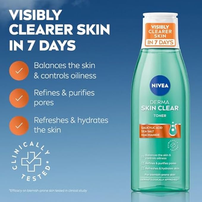 Nivea DERMA SKIN CLEAR TONER (200ML), CLEANSING AND HYDRATING TONER, SALICYLIC ACID TONER ENRICHED WITH NIACINAMIDE TO REBALANCE THE SKIN AND REMOVE IMPURITIES, FOR BLEMISH-PRONE SKIN - Image 3